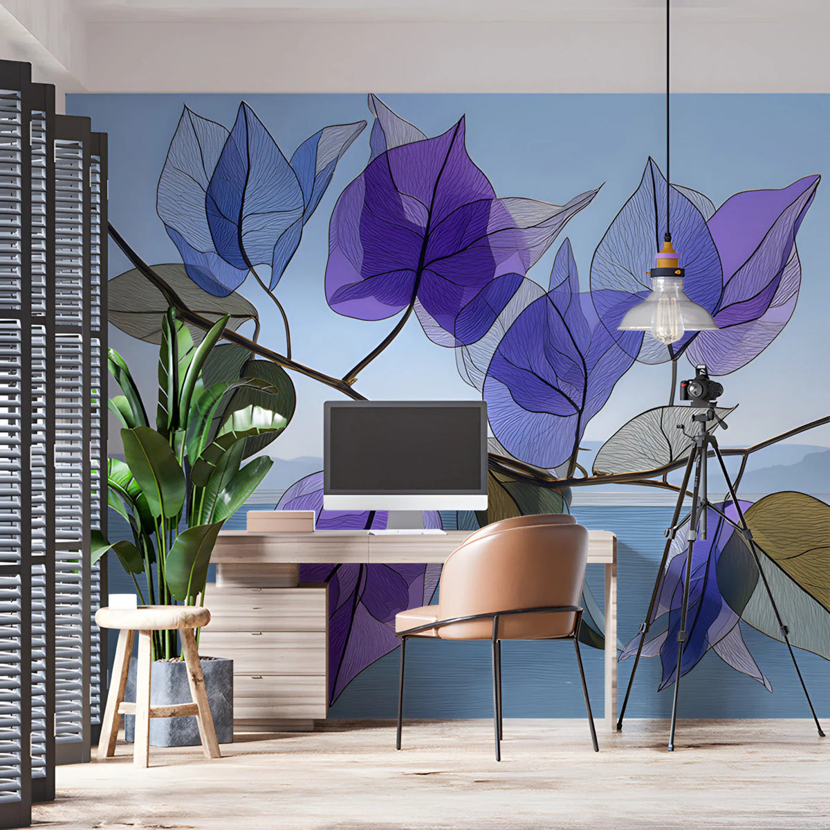 Ethereal Bougainvillea Botanical Mural Wallpaper — Blue and Violet Mural Wallpaper - room preview 03