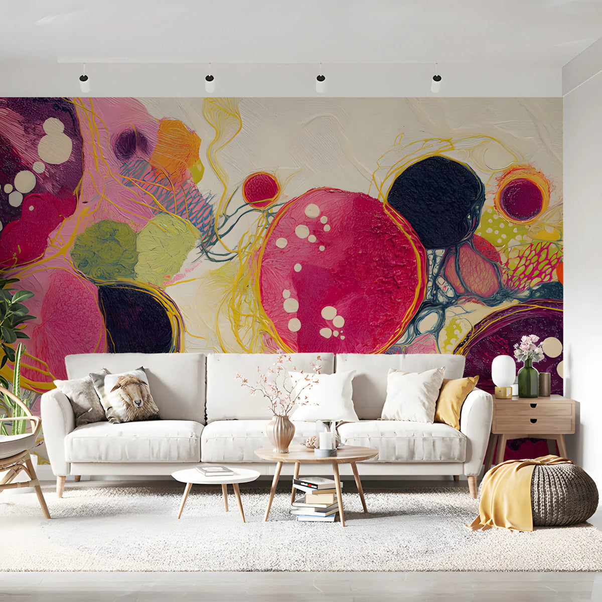 Abstract Cosmic Circles Mural Wallpaper in Vibrant Pink and Plum Mural Wallpaper - room preview 03