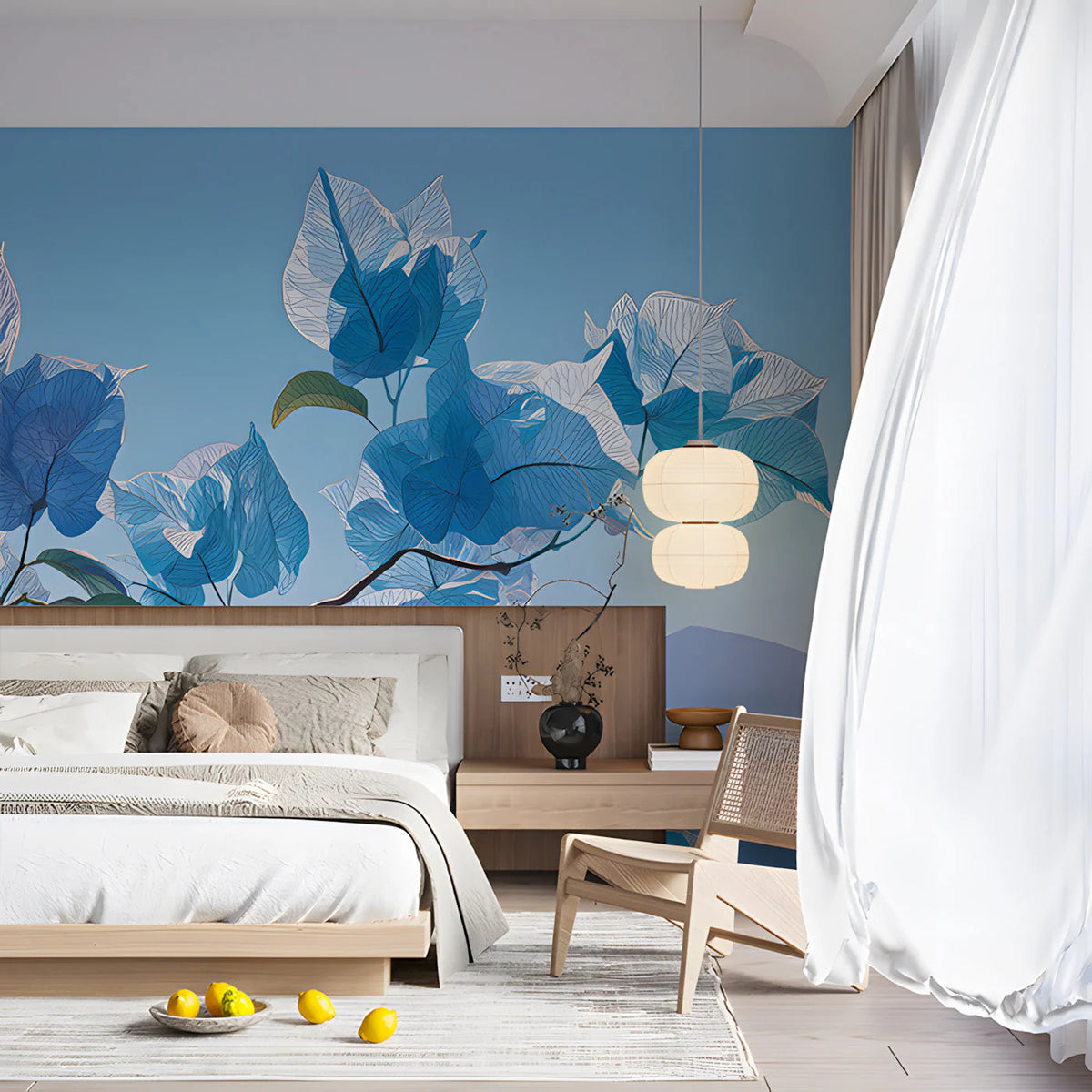 Blue Bougainvillea Mural Wallpaper — Botanical Art Print Mural Wallpaper - room preview 03