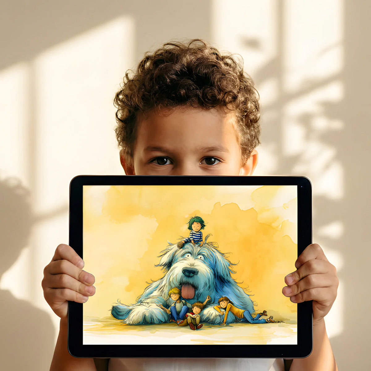 Giant Fluffy Dog and Children Watercolor Mural Wallpaper - room preview 03