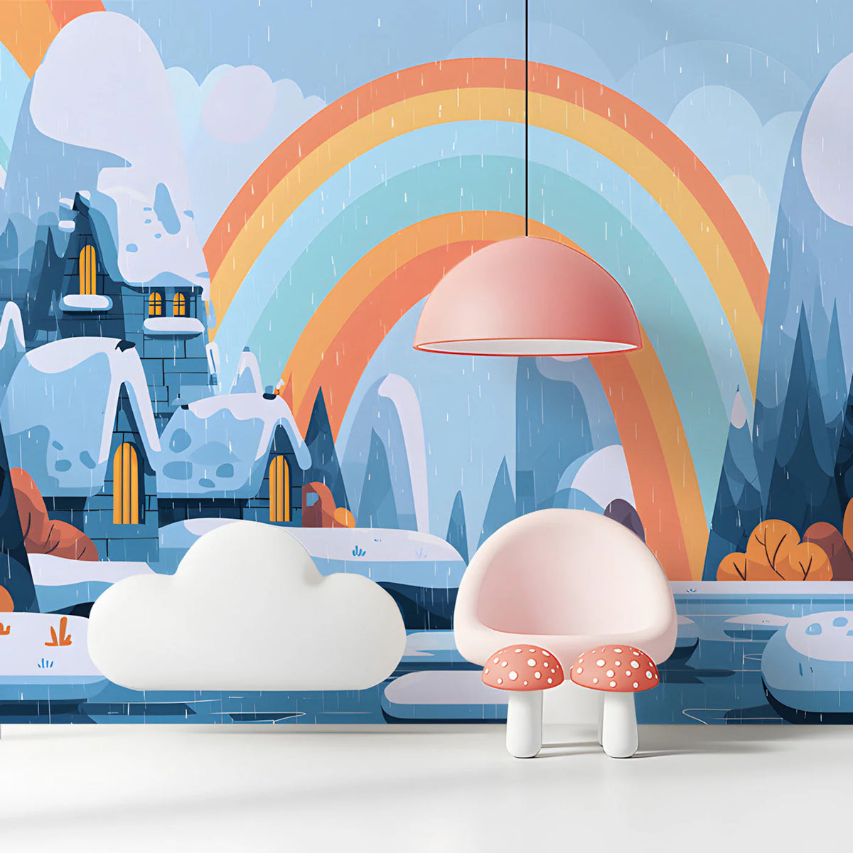 Snowy Rainbow Mountain Mural Wallpaper — Whimsical Winter Landscape Mural Wallpaper - room preview 03