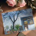 Blue Blossom Cafe Mural Wallpaper with Whimsical Cat Illustration Mural Wallpaper - room preview 03