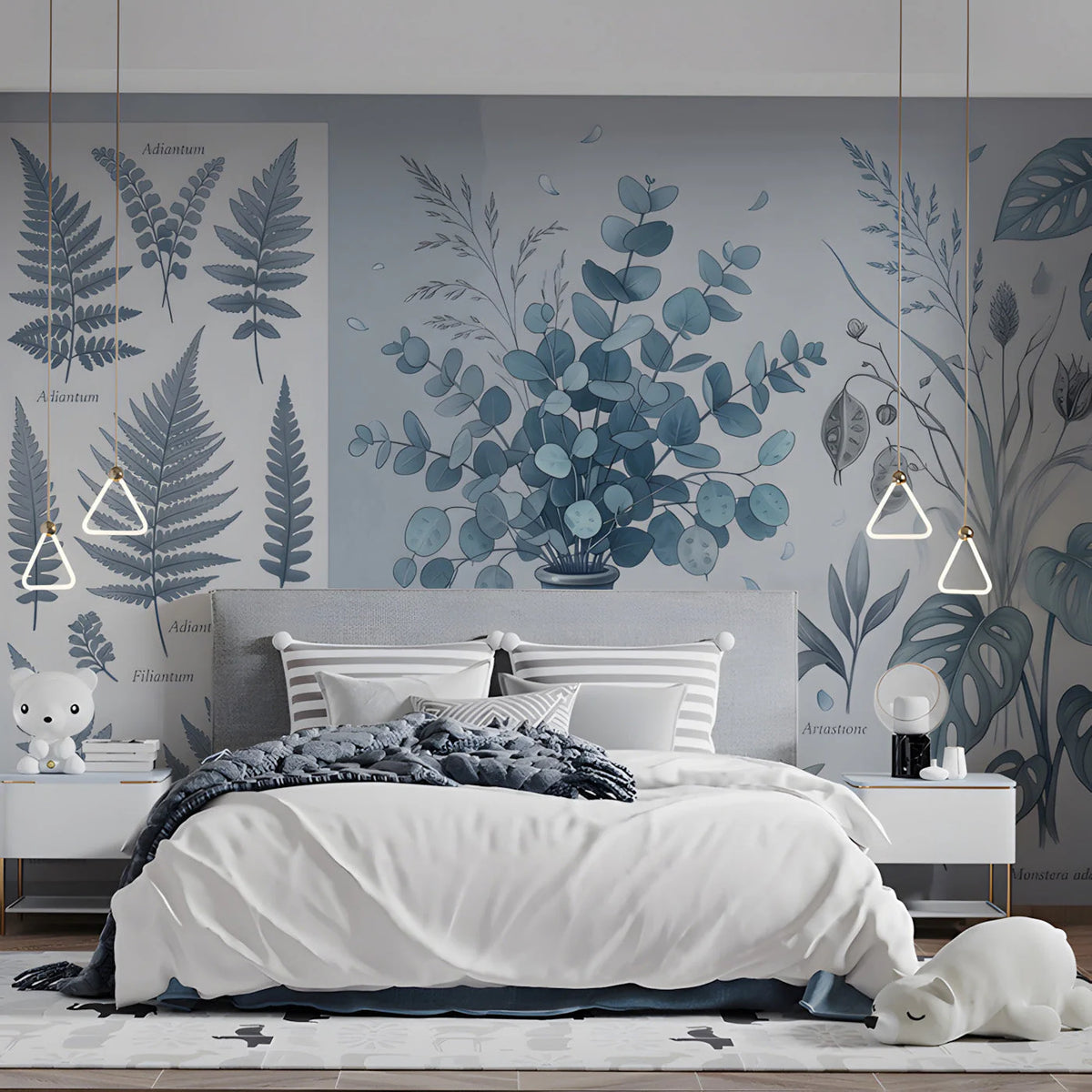 Botanical Sketch Mural Wallpaper — Blue Monochromatic Art Mural Wallpaper - room preview 03