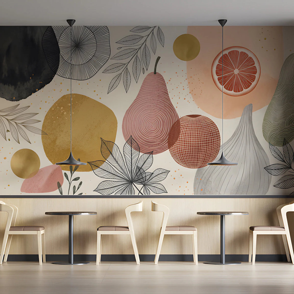 Modern Botanical Fruit Mural Wallpaper —Artistic Kitchen Decor Mural Wallpaper - room preview 03