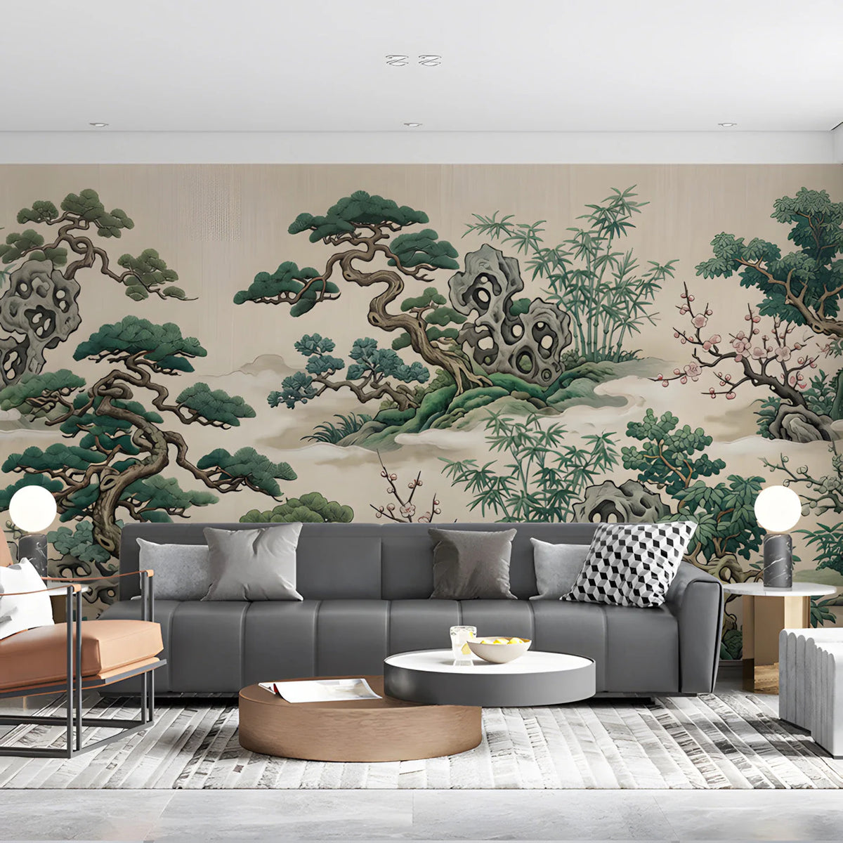 Chinoiserie Pine and Bamboo Mural Wallpaper — Artistic Nature Scene Mural Wallpaper - room preview 03