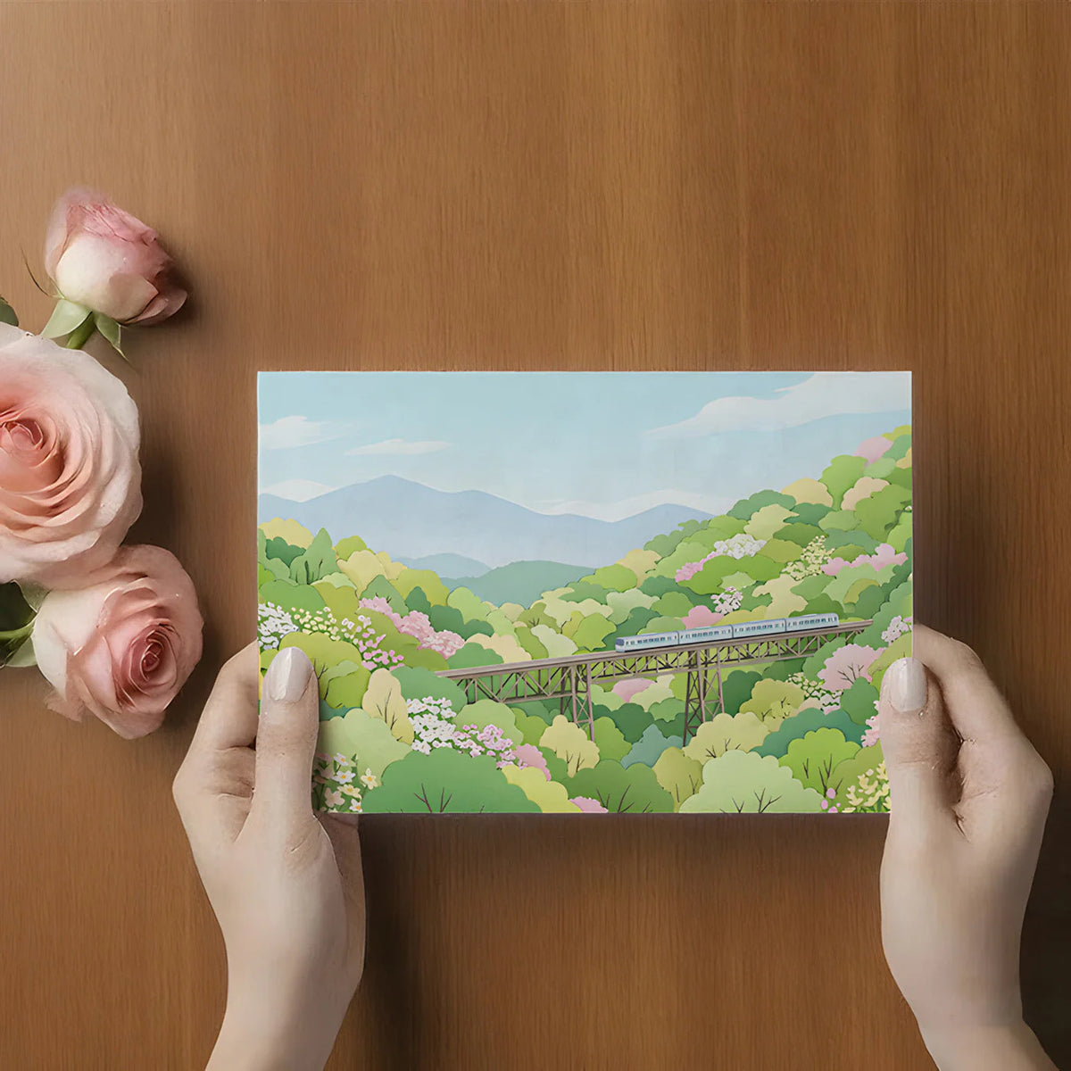Mountain Train Scenic Mural Wallpaper — Playful Nature Landscape Mural Wallpaper - room preview 03