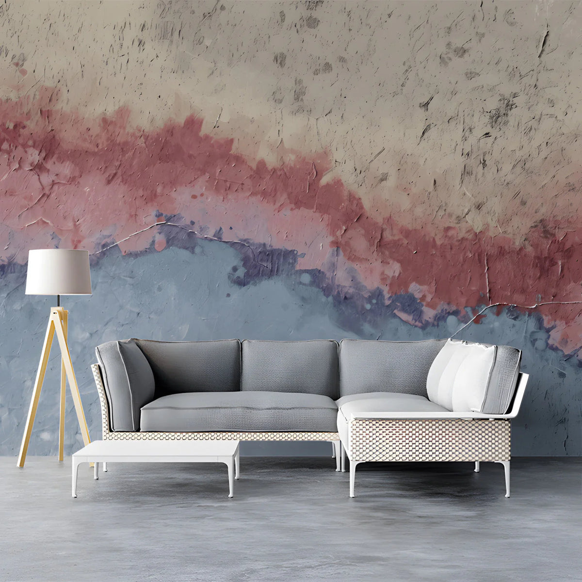 Abstract Horizon Mural Wallpaper in Dusty Rose and Slate Blue Mural Wallpaper - room preview 03