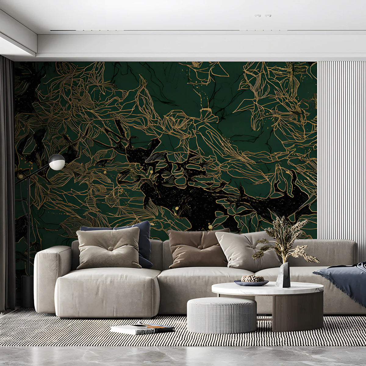 Gilded Botanical Mural Wallpaper in Deep Forest Green Mural Wallpaper - room preview 03