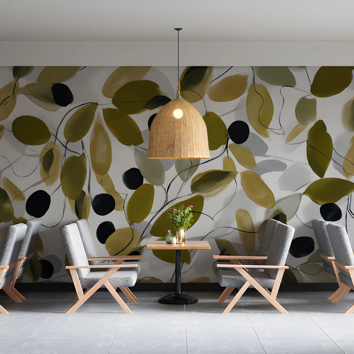 Olive Branch Botanical Mural Wallpaper in Ochre and Moss Green Mural Wallpaper - room preview 03