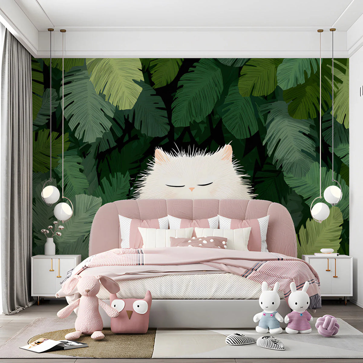Sleepy White Cat in Tropical Foliage Mural Wallpaper - room preview 03