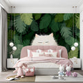 Sleepy White Cat in Tropical Foliage Mural Wallpaper - room preview 03
