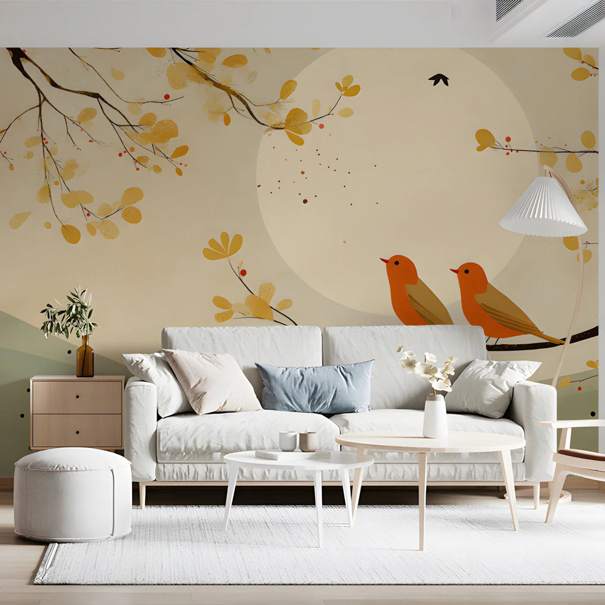 Autumn Songbirds Mural Wallpaper — Soft Ochre and Sage Illustration Mural Wallpaper - room preview 03