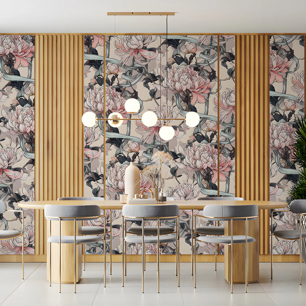 Chrysanthemum and Ribbon Mural Wallpaper — Art Nouveau Floral Mural Wallpaper - room preview 03