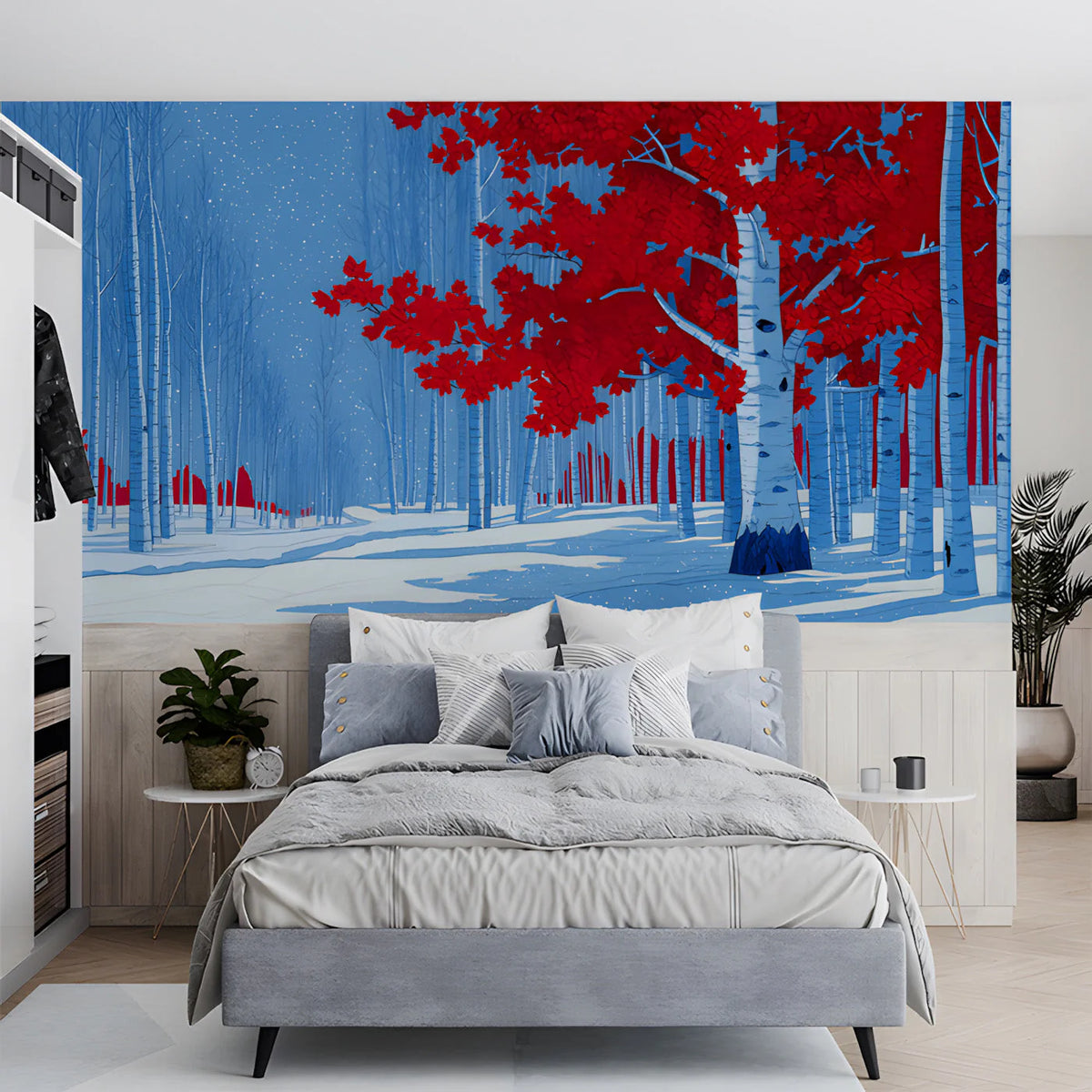 Crimson Aspen Forest Mural Wallpaper — Vibrant Winter Scene Mural Wallpaper - room preview 03