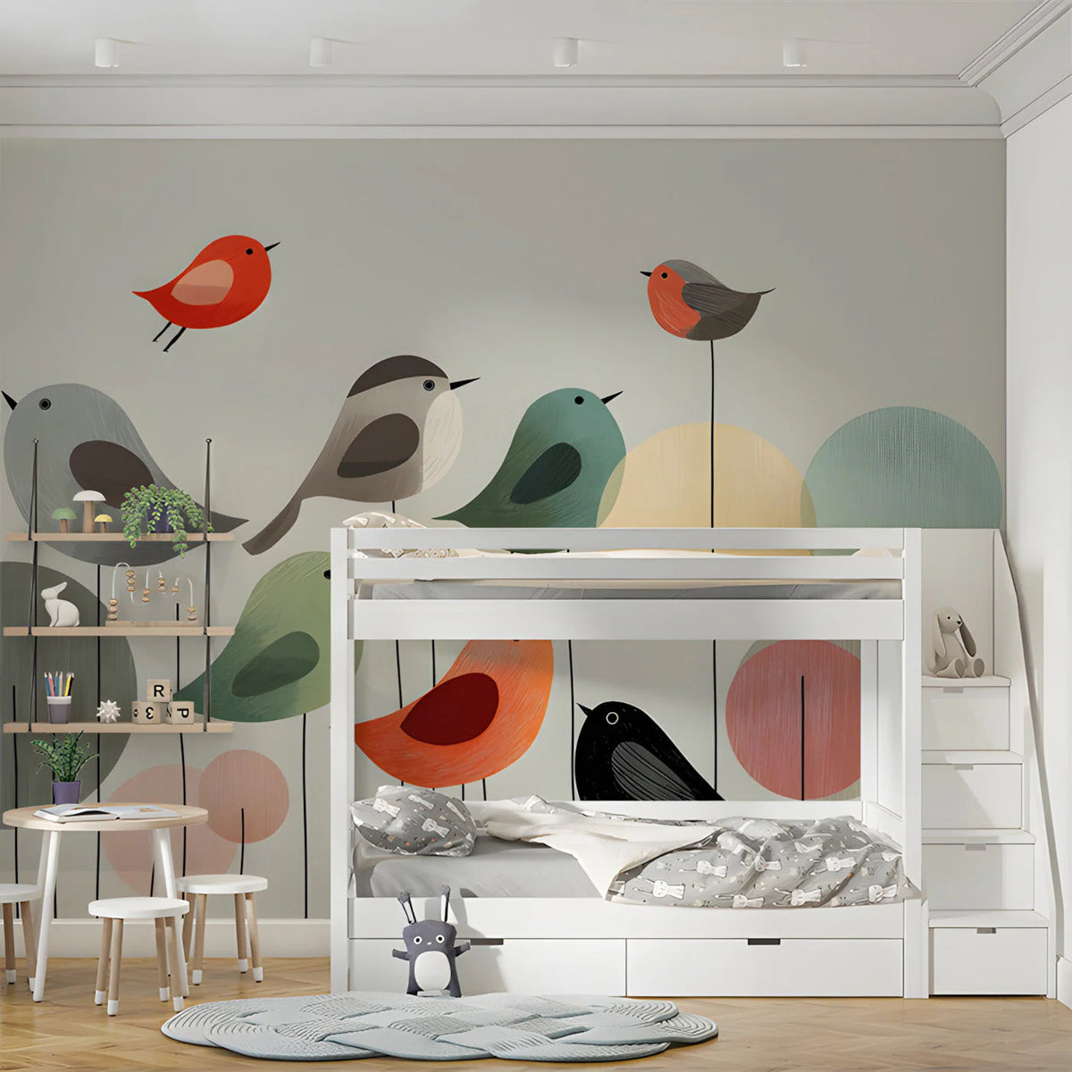 Whimsical Bird and Geometric Circle Mural Wallpaper - room preview 03