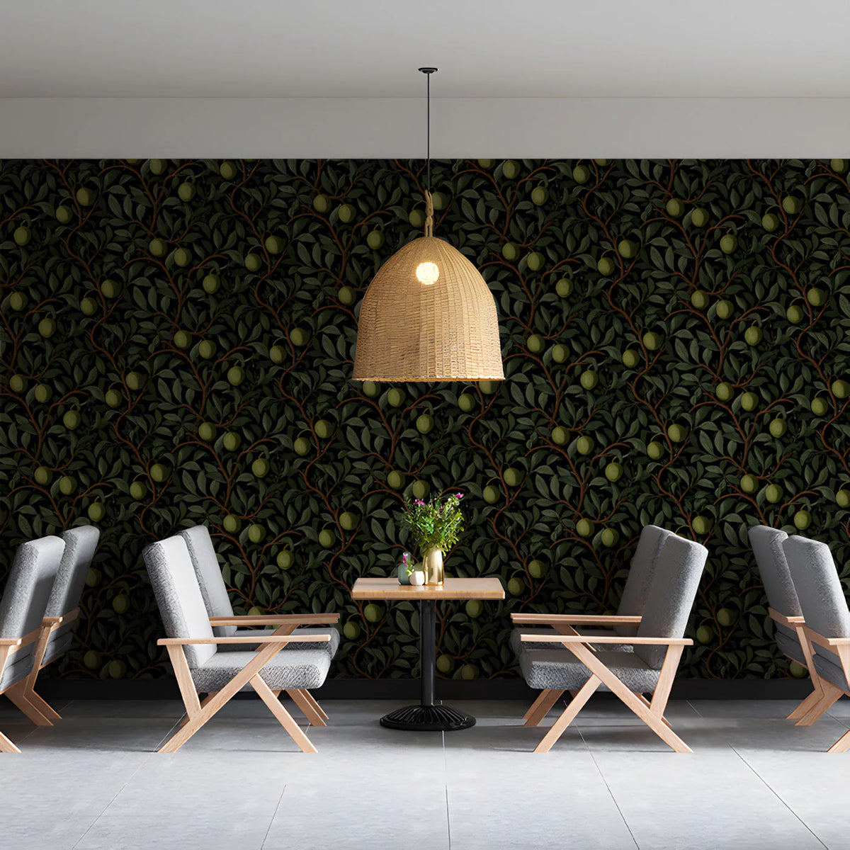 Olive Branch Botanical Mural Wallpaper — Dark Forest Green Aesthetic Mural Wallpaper - room preview 03