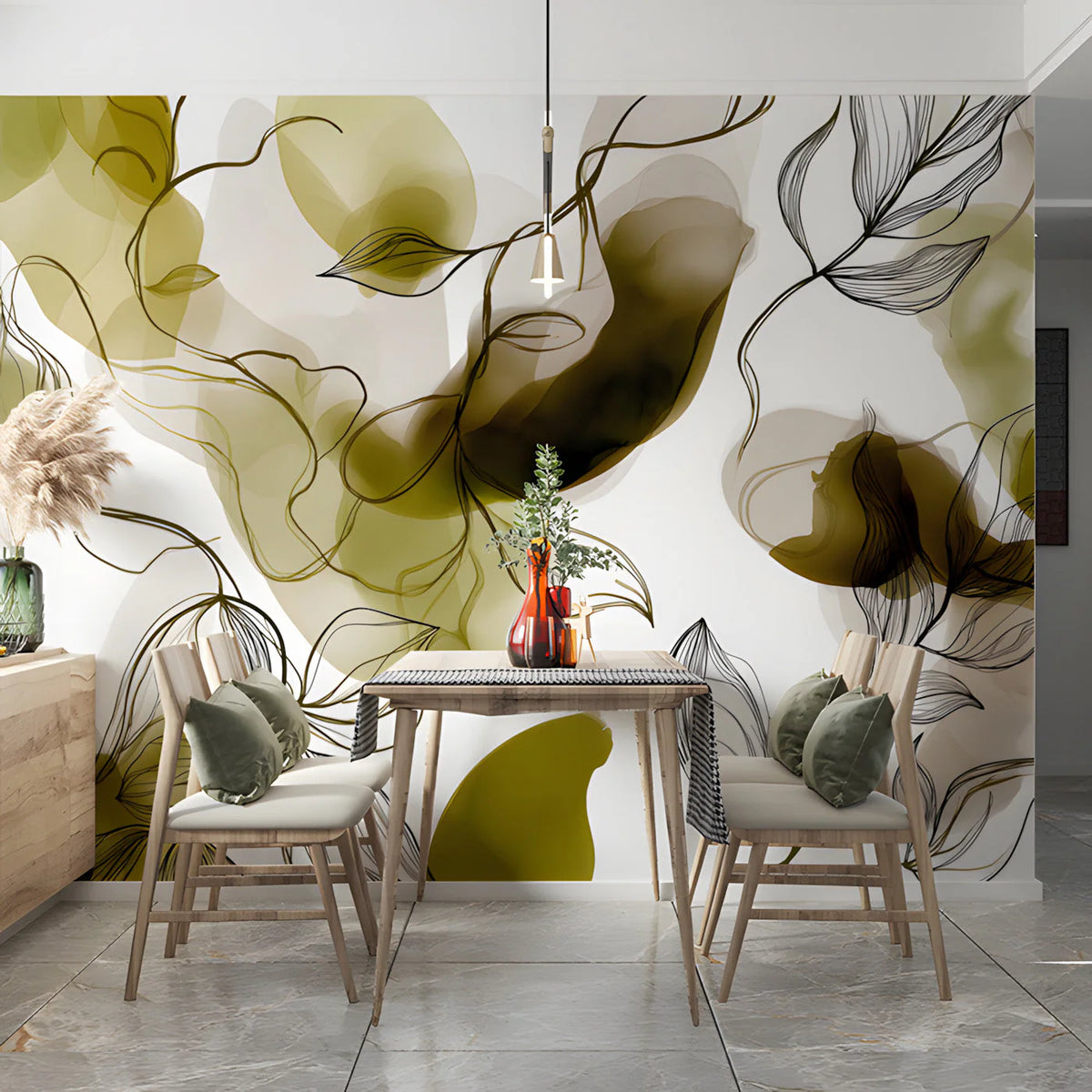 Olive Ink Botanical Mural Wallpaper with Fine Line Illustration Mural Wallpaper - room preview 03
