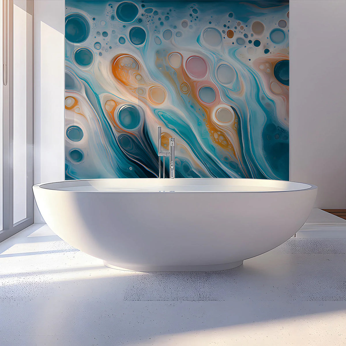 Fluid Motion Teal and Amber Abstract Mural Wallpaper - room preview 03