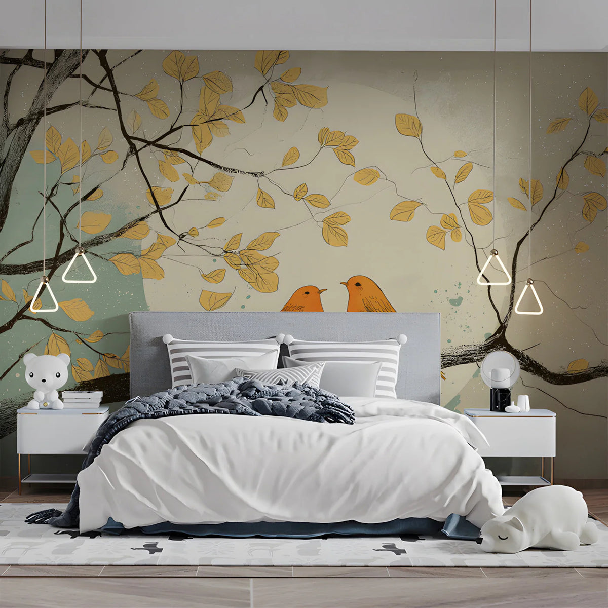 Golden Songbird Nature Mural Wallpaper — Artistic Branch Motif Mural Wallpaper - room preview 03