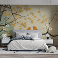 Golden Songbird Nature Mural Wallpaper — Artistic Branch Motif Mural Wallpaper - room preview 03