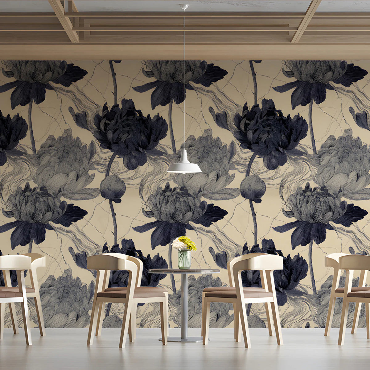 Ink Wash Peony Mural Wallpaper in Monochrome and Cream Mural Wallpaper - room preview 03