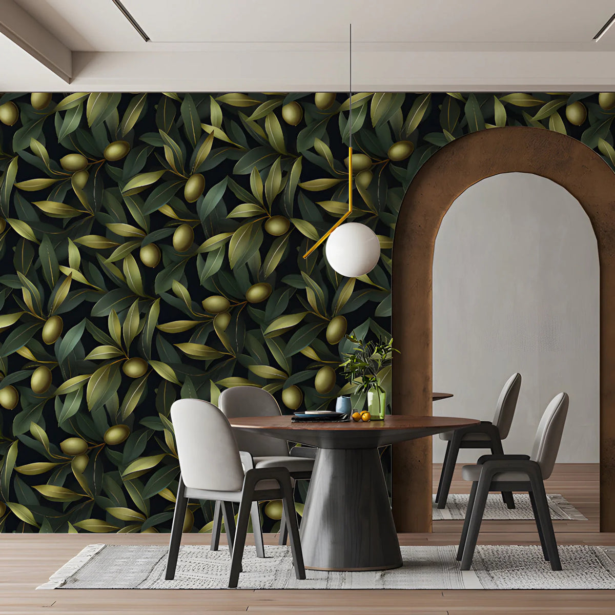 Olive Branch Botanical Mural Wallpaper — Dark Mediterranean Style Mural Wallpaper - room preview 03