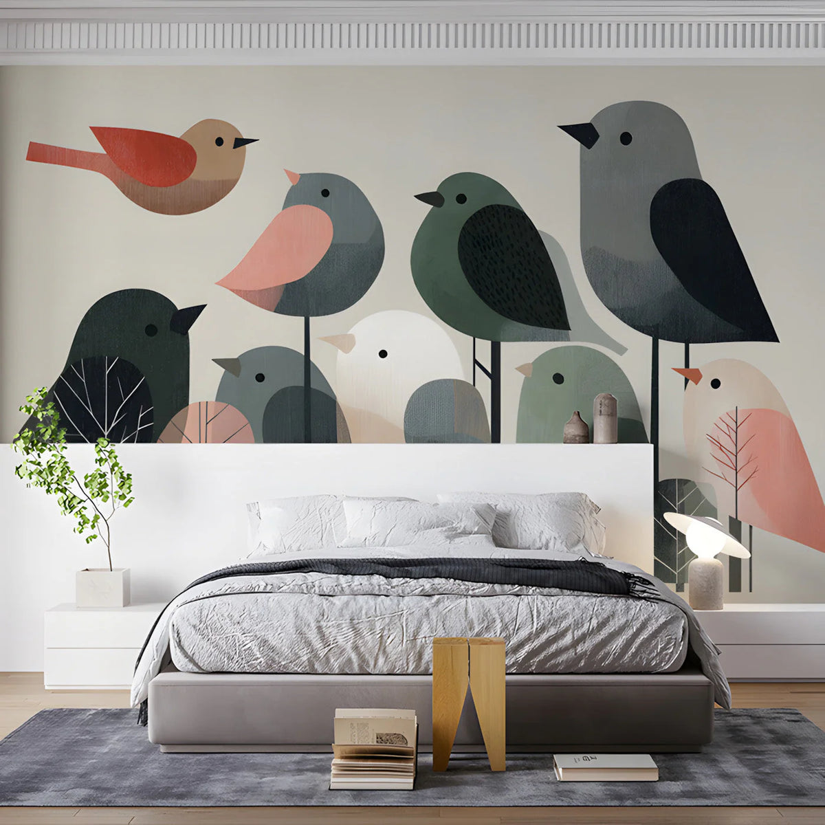 Minimalist Bird Flock Mural Wallpaper in Soft Earth Tones Mural Wallpaper - room preview 03