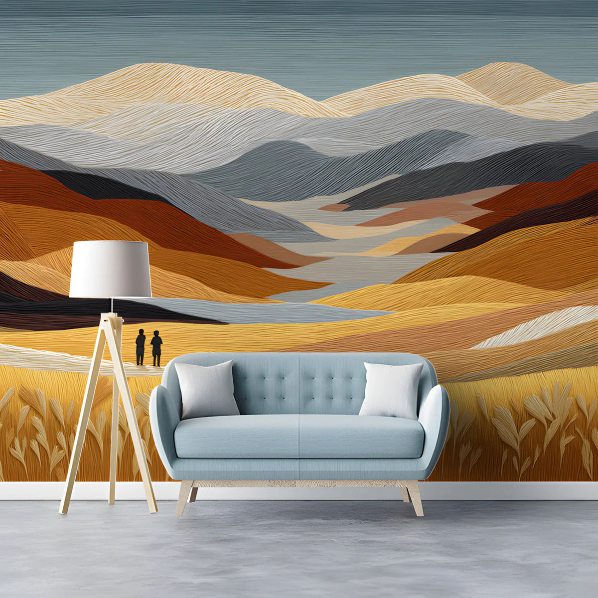 Golden Prairie Mountains Mural Wallpaper — Artistic Landscape Mural Wallpaper - room preview 03