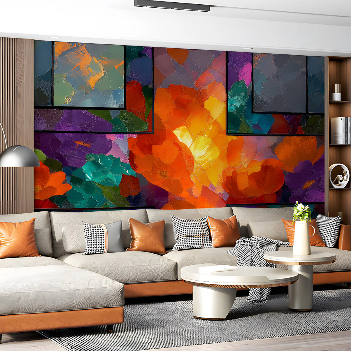 Stained Glass Floral Mural Wallpaper in Vibrant Oil Paint Style Mural Wallpaper - room preview 03