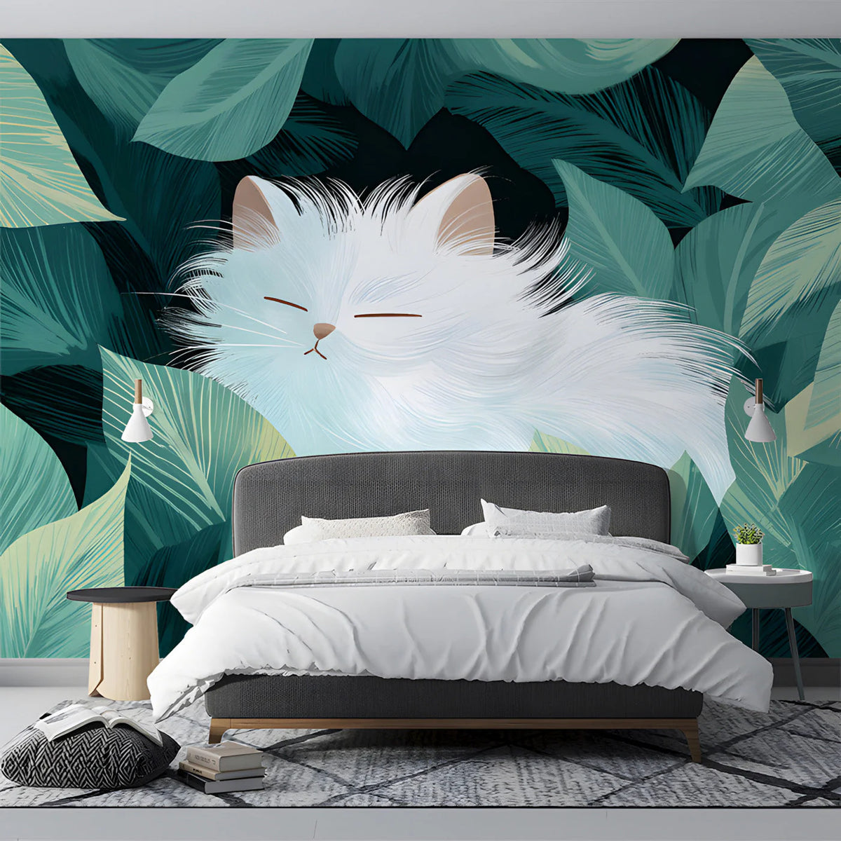 Sleeping White Cat in Tropical Foliage Mural Wallpaper - room preview 03