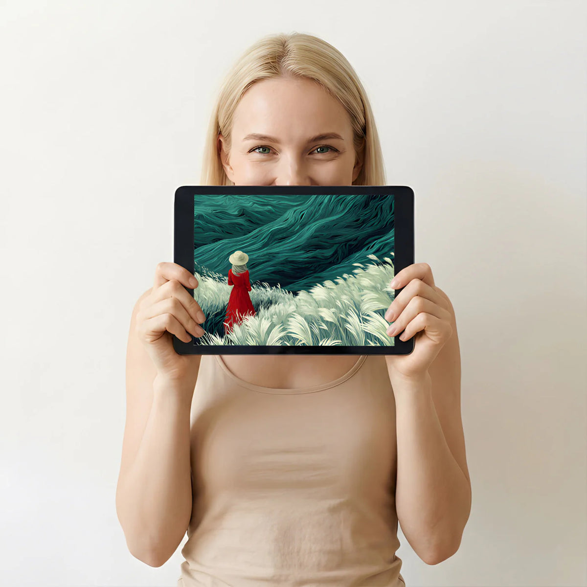 Woman in Red Dress Meadow Mural Wallpaper — Artistic Landscape Mural Wallpaper - room preview 03