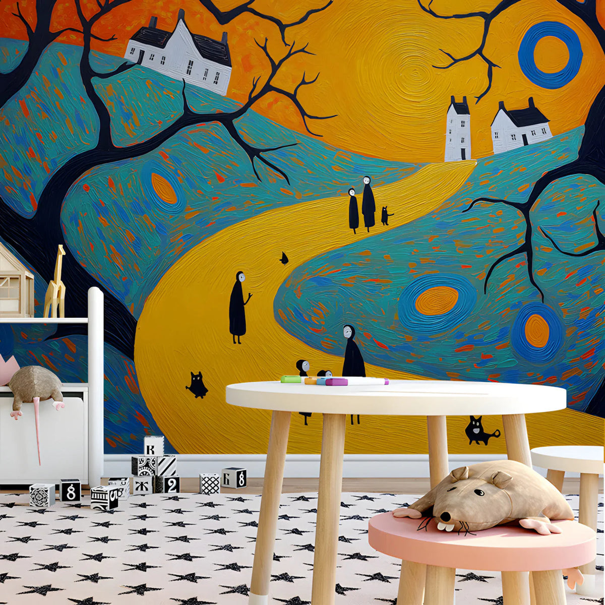 Folklore Narrative Mural Wallpaper in Bold Impressionist Style Mural Wallpaper - room preview 03