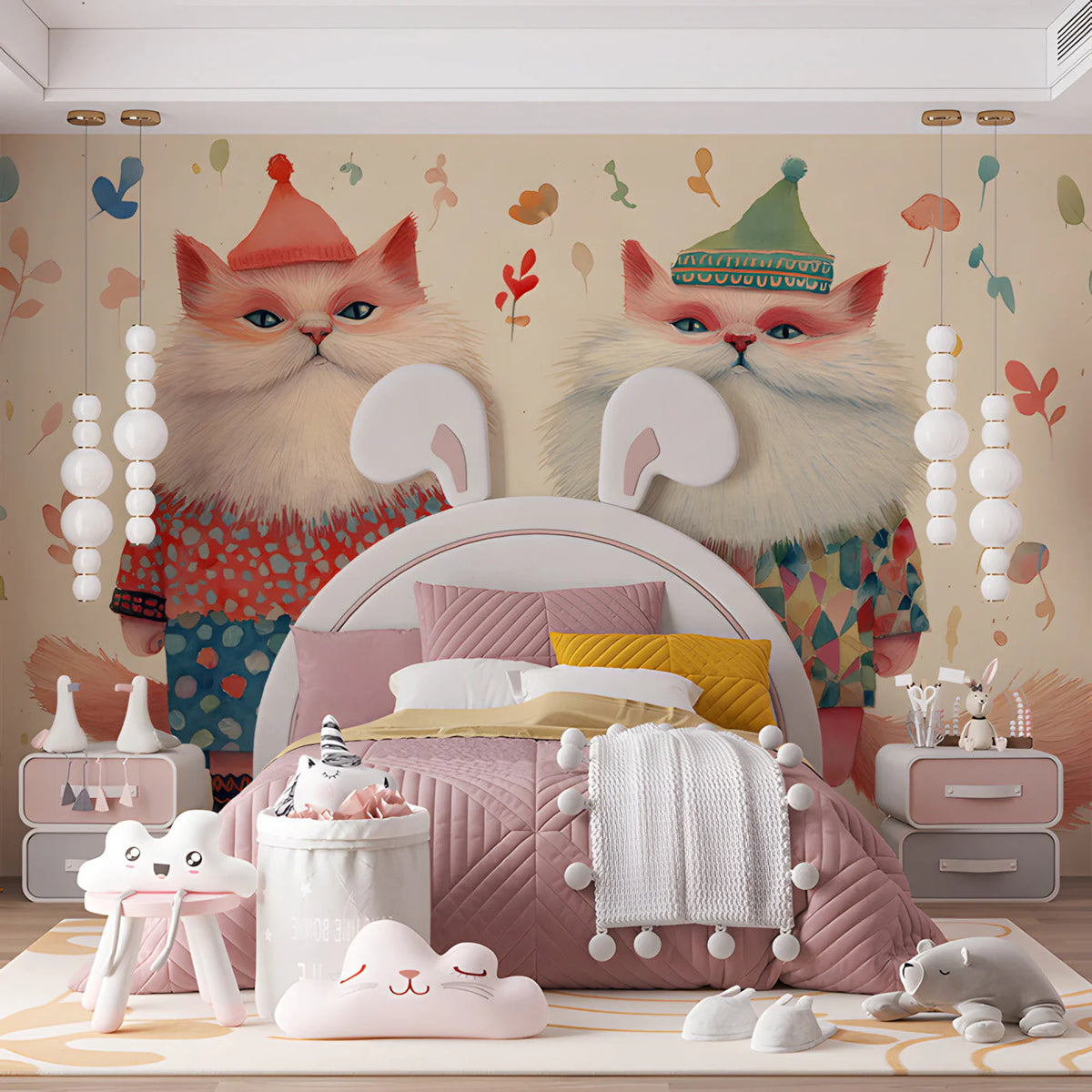 Whimsical Dressed Cats Mural Wallpaper — Hand-Painted Illustration Mural Wallpaper - room preview 03