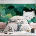 Sleepy White Cat in Tropical Leaves Mural Wallpaper - room preview 03