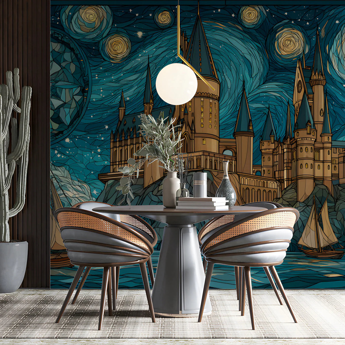 Stained Glass Fantasy Castle Mural Wallpaper — Moody Night Scene Mural Wallpaper - room preview 03