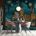 Stained Glass Fantasy Castle Mural Wallpaper — Moody Night Scene Mural Wallpaper - room preview 03