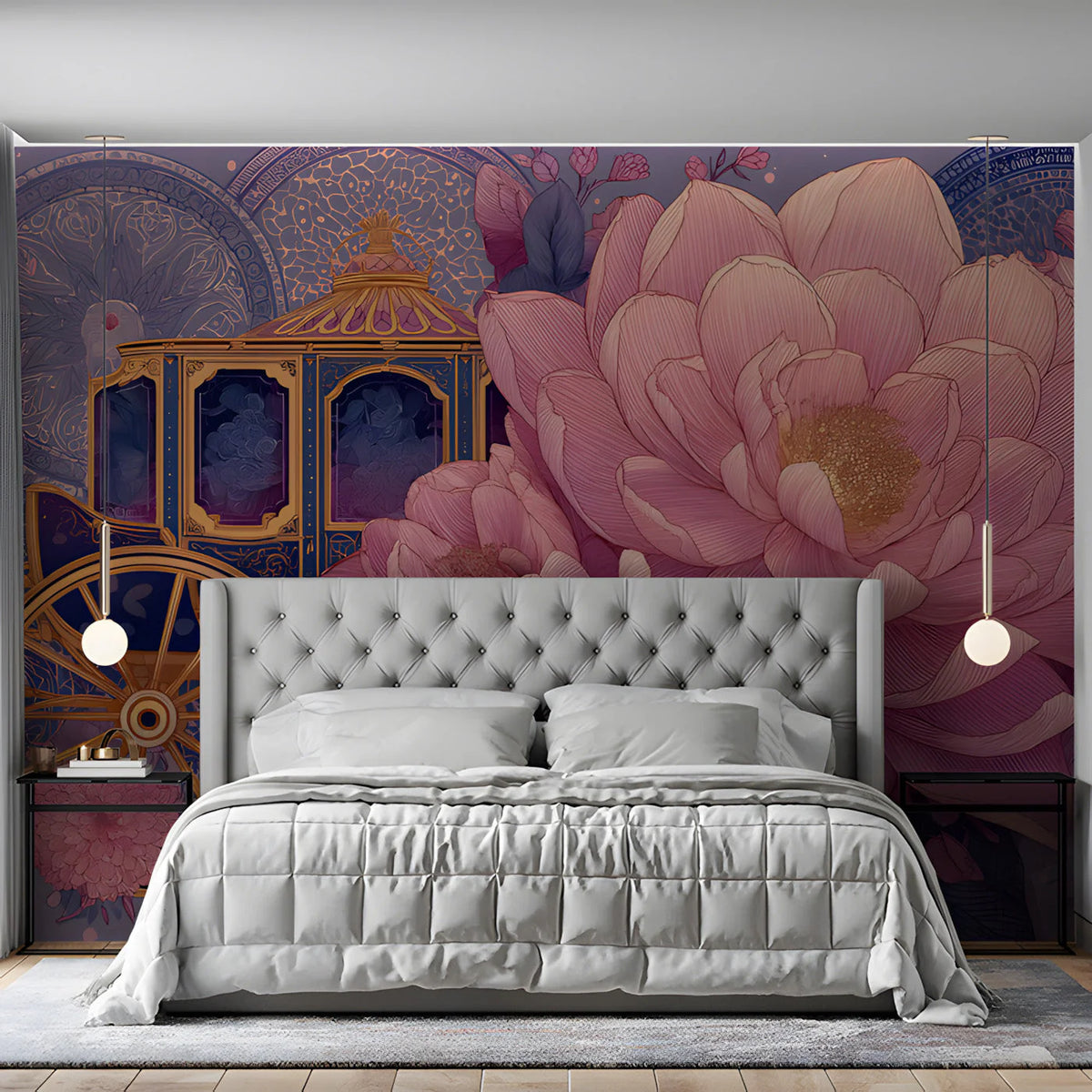 Royal Carriage Floral Mural Wallpaper in Dusty Rose and Navy Mural Wallpaper - room preview 03