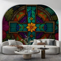 Stained Glass Cross Mural Wallpaper with Vibrant Floral Motif Mural Wallpaper - room preview 03