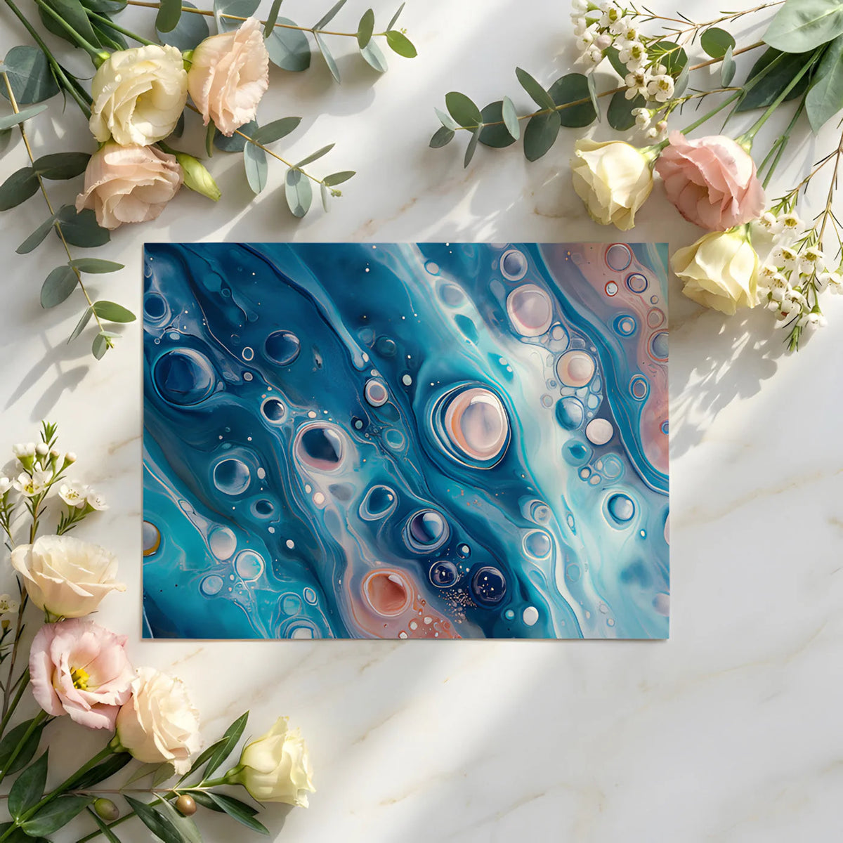 Oceanic Fluid Art Mural Wallpaper in Deep Teal and Soft Peach Mural Wallpaper - room preview 03