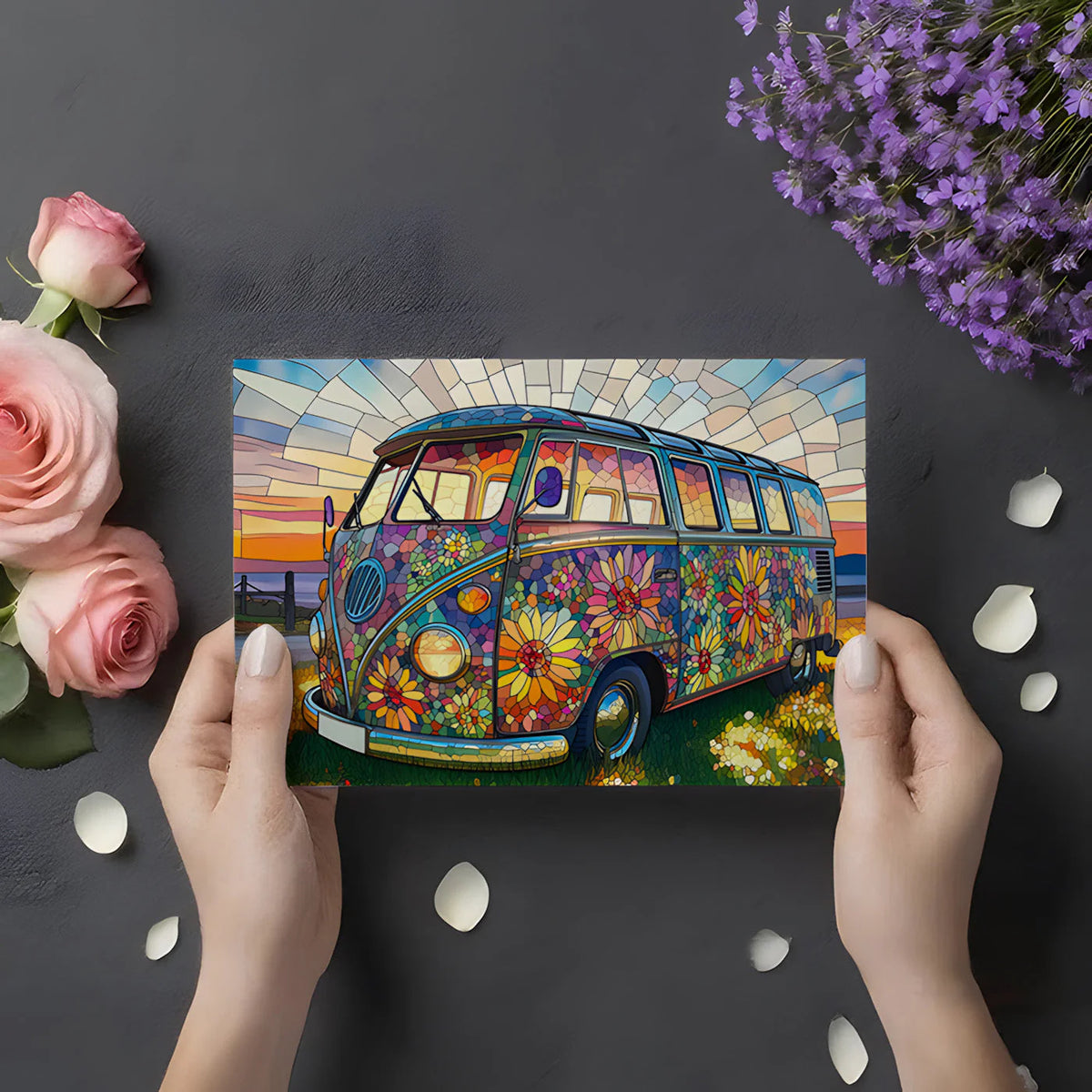 Stained Glass Camper Van Mural Wallpaper — Retro Floral Design Mural Wallpaper - room preview 03