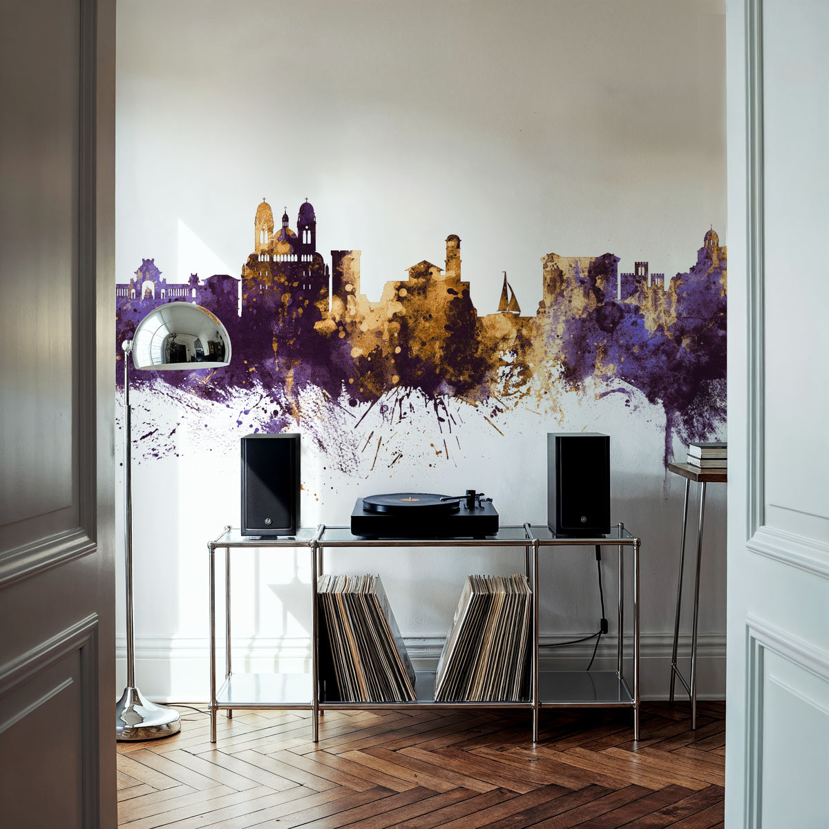 Marseille France Skyline Purple & Gold Mural Wallpaper - room preview 03