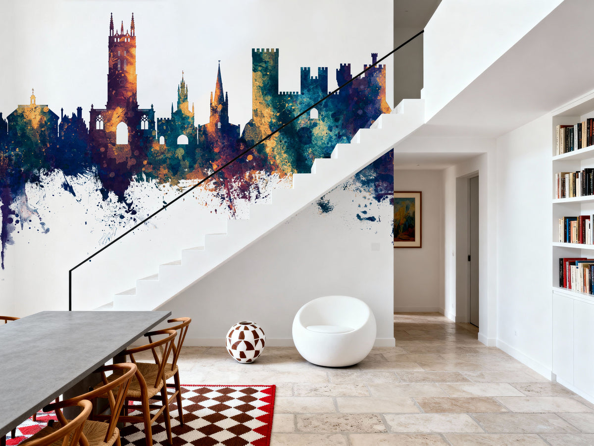 Warwick England Skyline Blue & Bronze Mural Wallpaper - room preview 03
