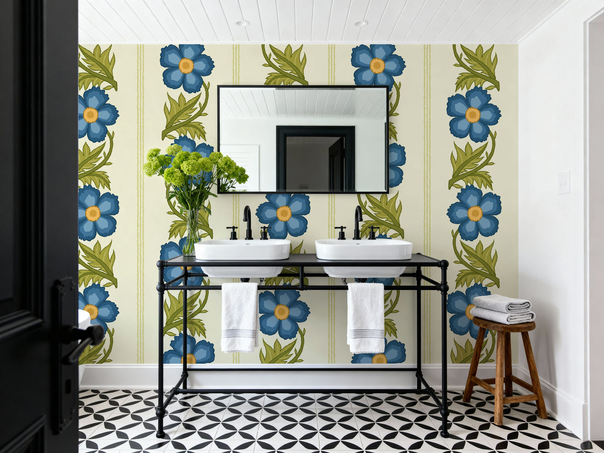 Floral Stripe, Blue Mural Wallpaper - room preview 03