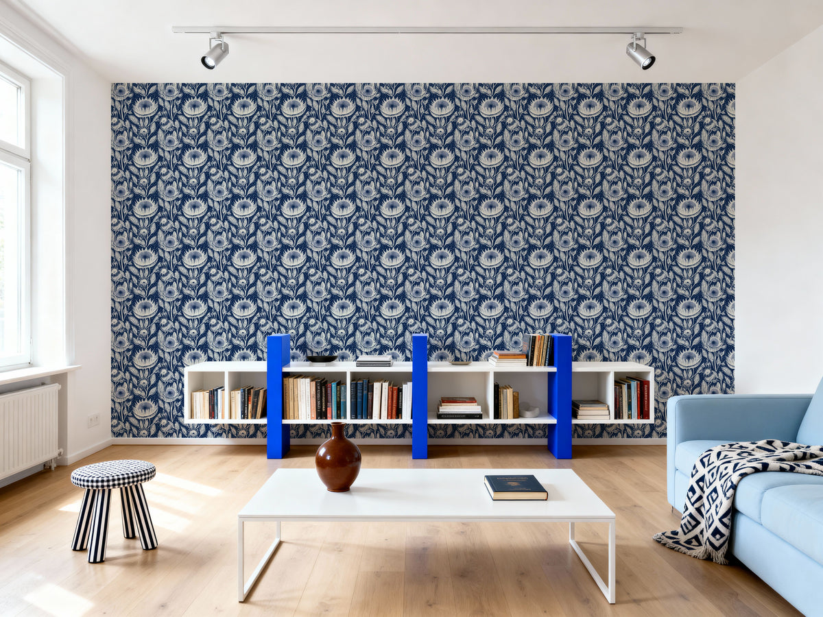 Sunflower Buds, Indigo Blue Mural Wallpaper - room preview 03