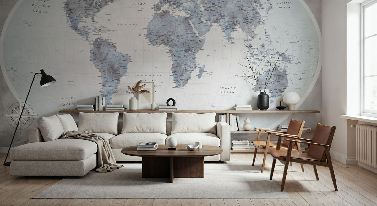 World Map Atlas Blue Mural Wallpaper - room preview 03