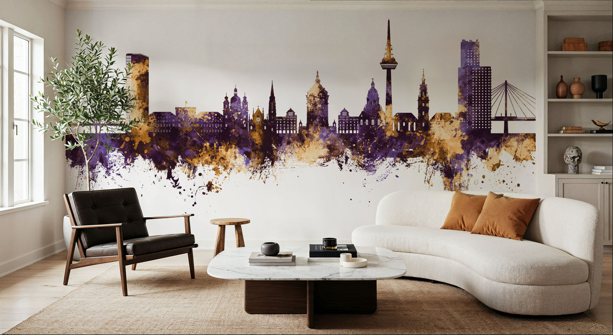 Mannheim Germany Skyline Purple & Gold Mural Wallpaper - room preview 03