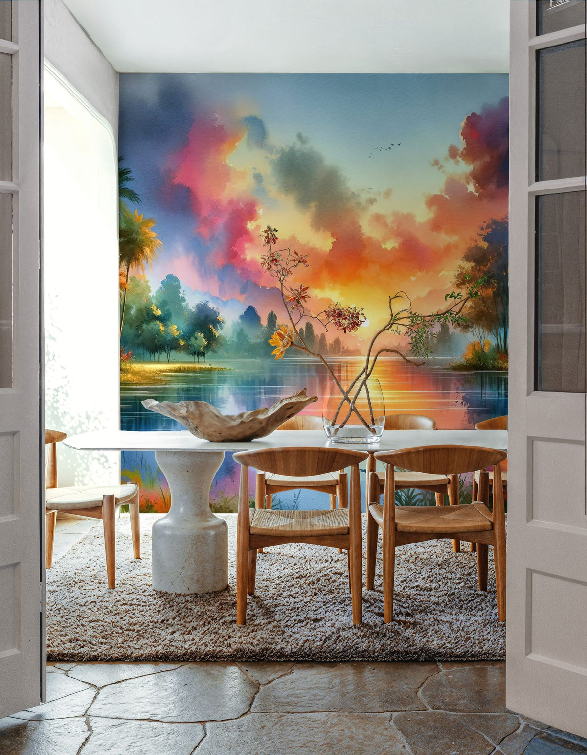 Vibrant Sunset Over Serene Lake Mural Wallpaper - room preview 03