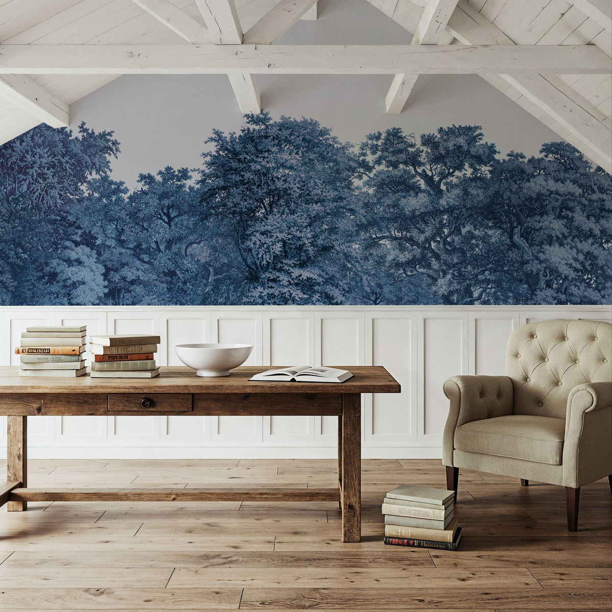 Over the Treetops, Blue Ink Mural Wallpaper - room preview 03