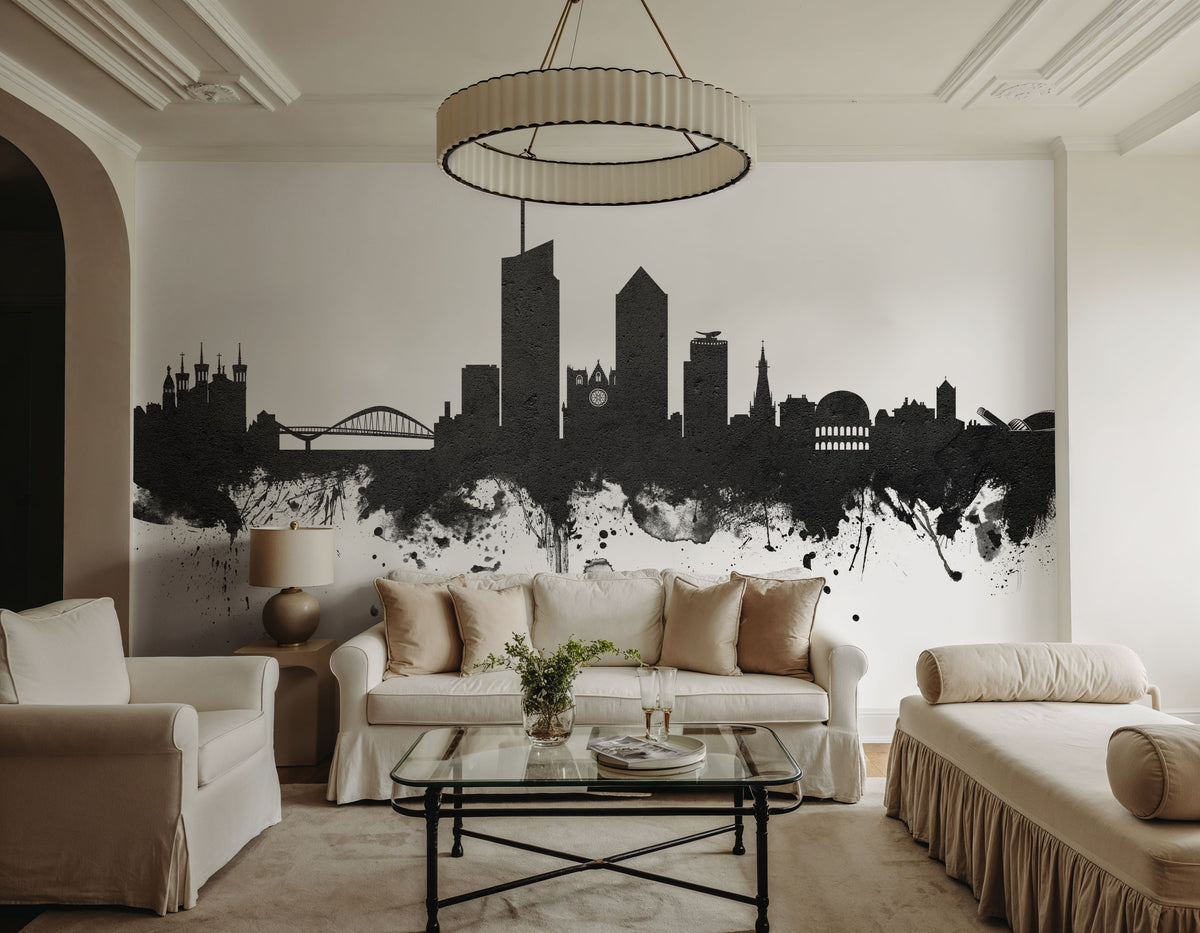 Lyon France Skyline Black & White Mural Wallpaper - room preview 03