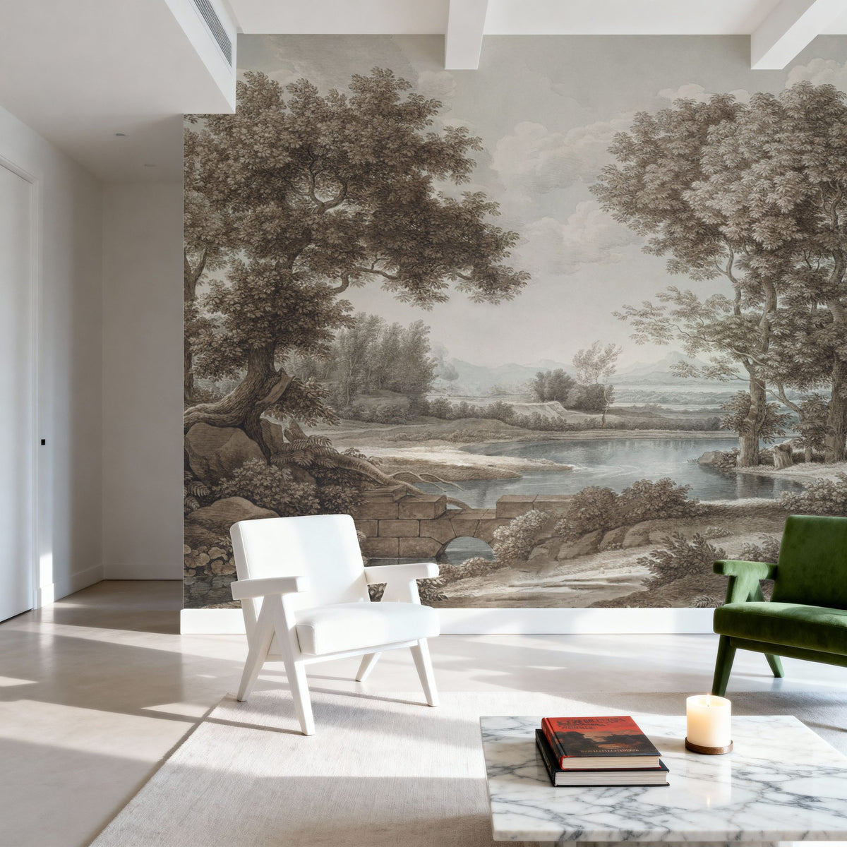 Riverbank Oak Landscape, Vintage Mural Wallpaper - room preview 03